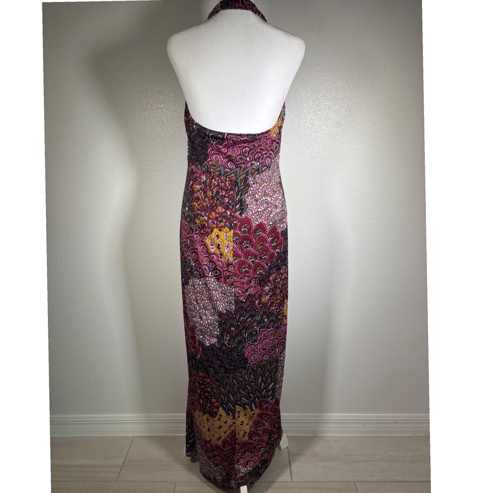 Y2K 2000s Pink Purple Paisley Halter Maxi Dress Beaded Backless Boho Medium - Picture 3 of 8